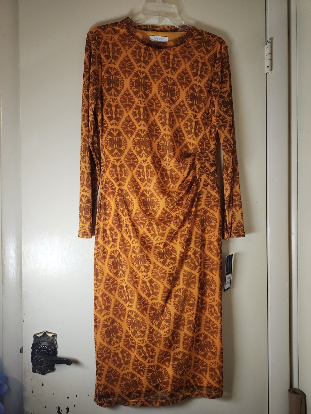 Nine West Long Sleeve Orange & Brown Patterned Midi Dress